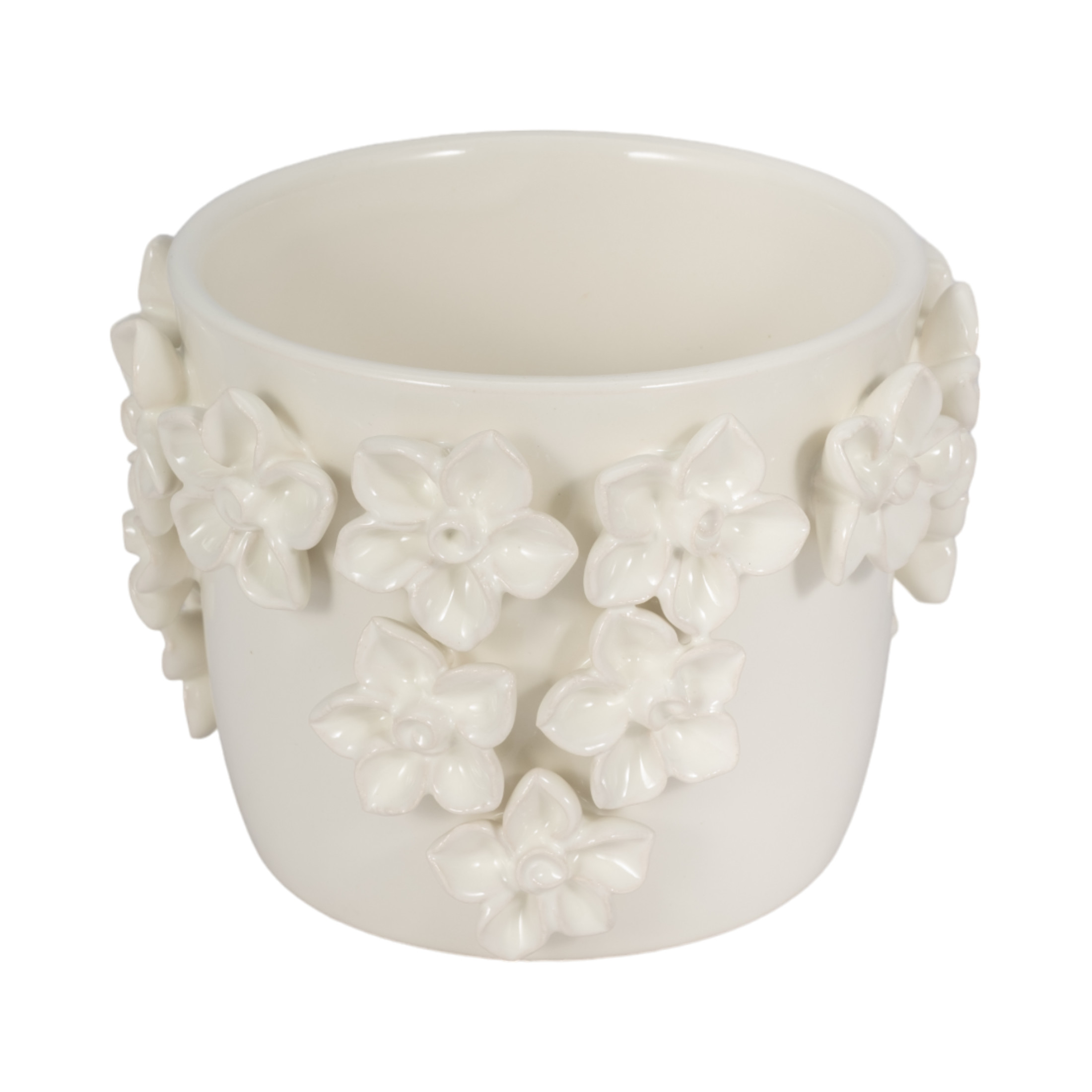 Elegant Round Flower Pot for Home Decor - Ceramic Planter with 3D Floral Design for Indoor Plants - Decorative Stoneware Planters for Outdoor Garden Style, Patio, and Entryway - 6", Ivory & Tan