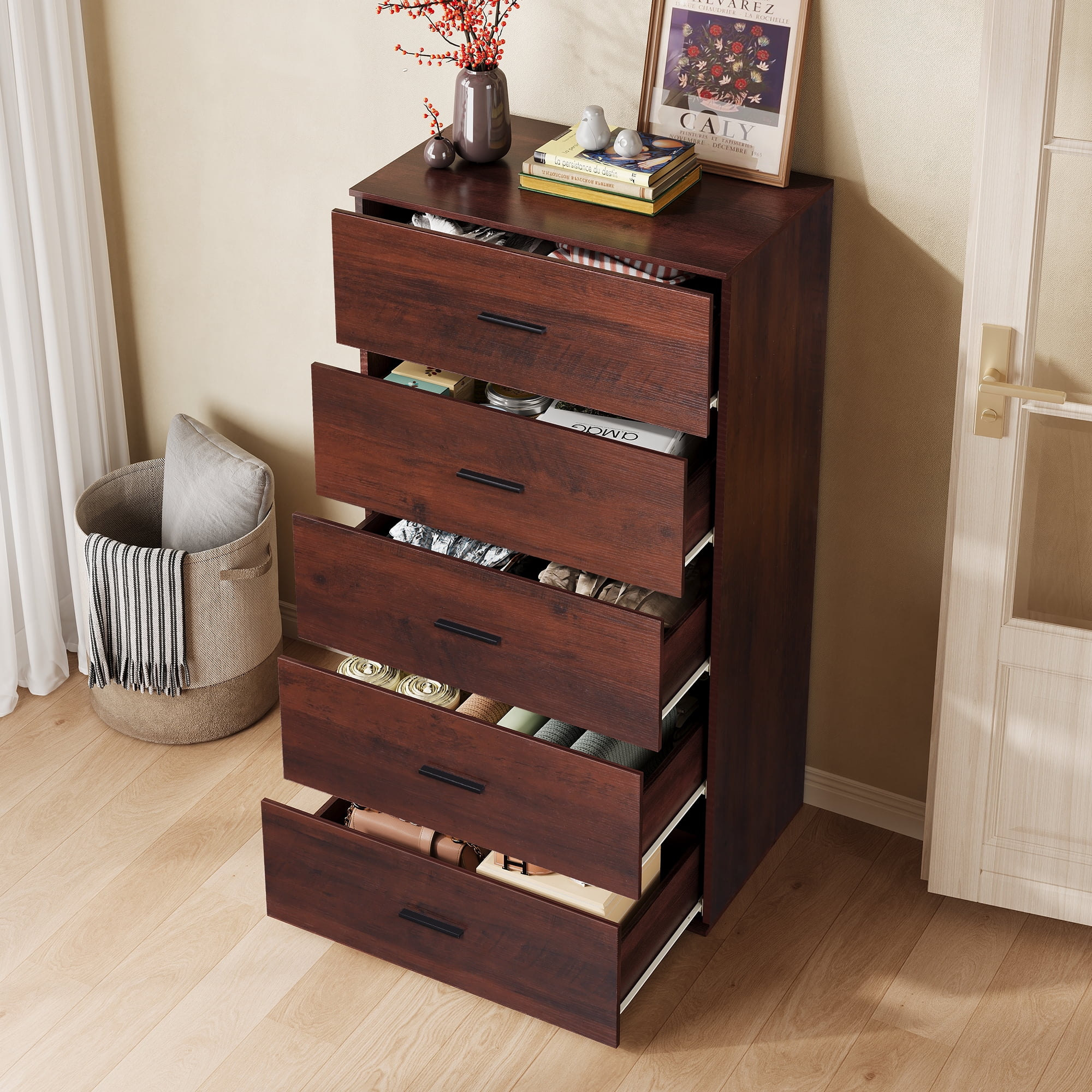 GALAXHERO 5 Drawers Dresser, Chest of Drawers for Bedroom, Tall Wood Storage Cabinet with Metal Handle for Living Room, Closet, Hallway, Brown
