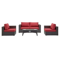 Contemporary Modern Urban Designer Outdoor Patio Balcony Garden Furniture Lounge Sofa, Chair and Coffee Table Fire Pit Set, Fabric Rattan Wicker, Red