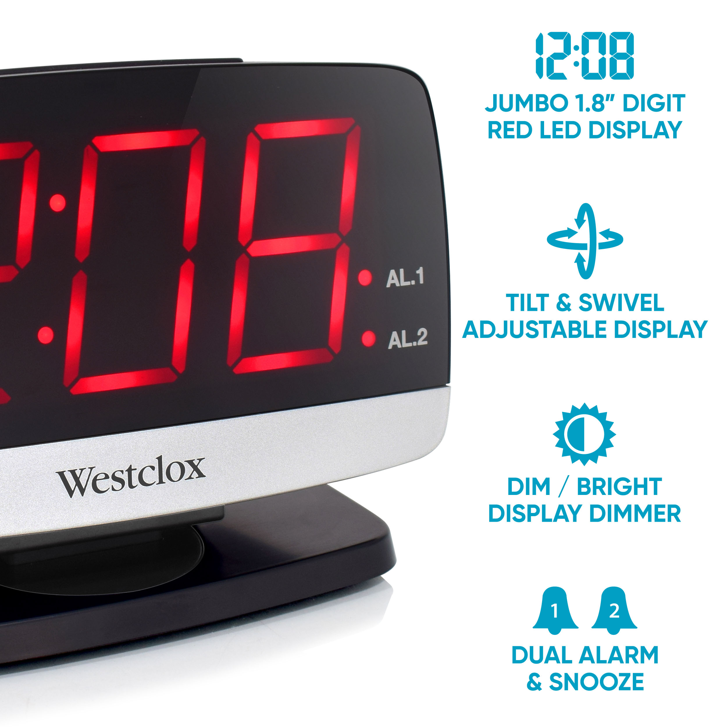 Westclox Black and Silver Electric Tilt & Swivel Alarm Clock Extra Large 1.8” LED Time Display - image 5 of 7