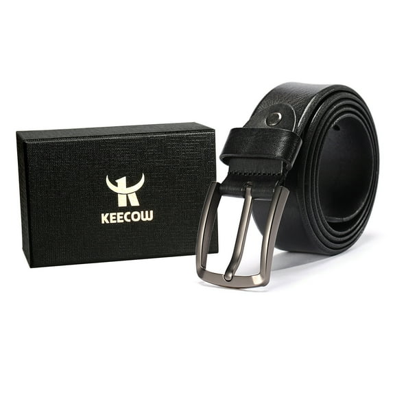 KEECOW Leather Belts for Men with Single Prong Buckle 1.5" Black 42 44 Designer Drseees Casual Jeans Uniform Men's Belts Top Layer Cow Leather Packed In a Box