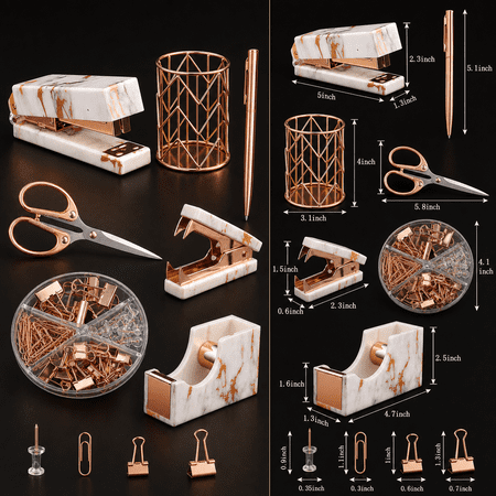 Rose Marble Desk Accessories Office Supplies Set Stapler Staple Remover Tape Holder Pen 2 Ballpoint Scissor Binder Clips Paper And 1000staples