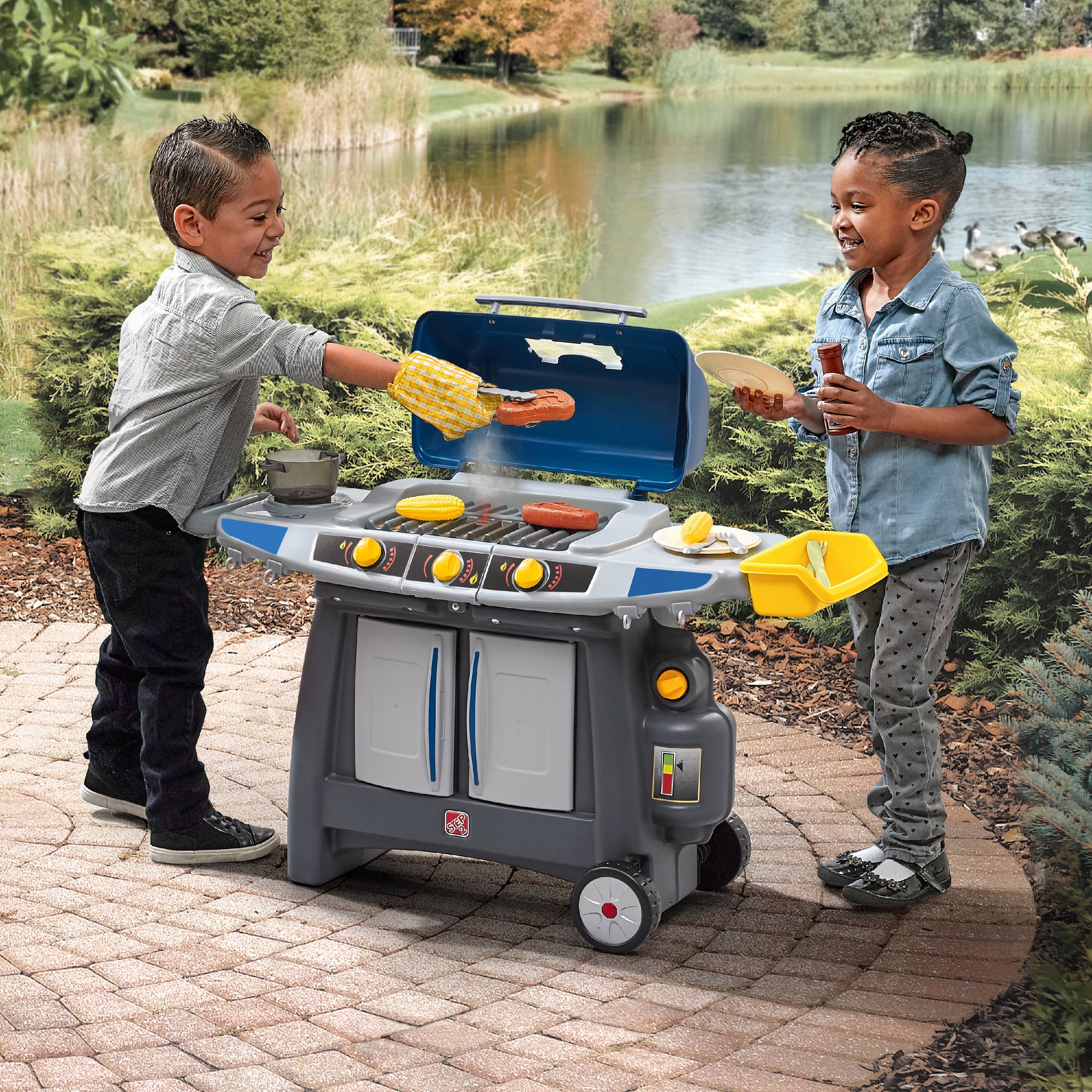 Step2 Sizzle & Smoke Barbecue Blue Toddler Grill Playset with 15 Piece Plastic Barbeque Play Set - image 4 of 19