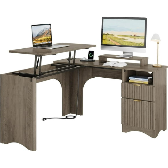 Bestier L Shaped Desk with Lift Desktop, 55 inch Corner Desk with Fluted Panel Deisgn Drawers, Modern Office Desk with File Drawer Grey,