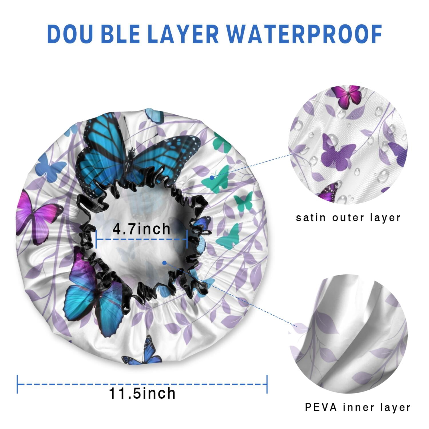 Shower Caps,Purple Leaf Butterfly Pattern Waterproof Shower Cap for Women 4 Pieces,Double Reusable Hair Cover for Shower PEVA Elastic Stretch Hem