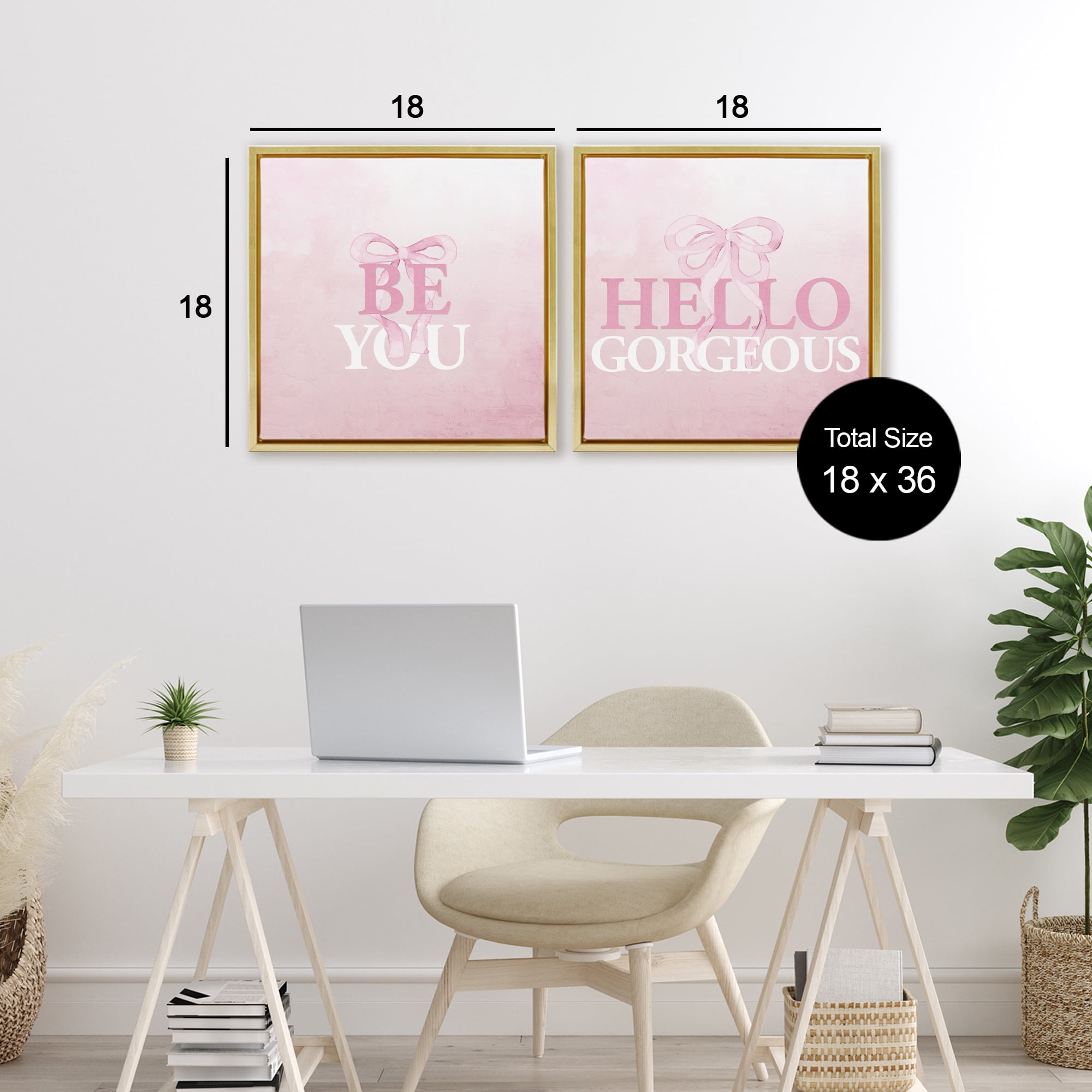 Pink Feminine Empowerments 2 Piece Gold Framed Floater Canvas Set, design by Kim Allen