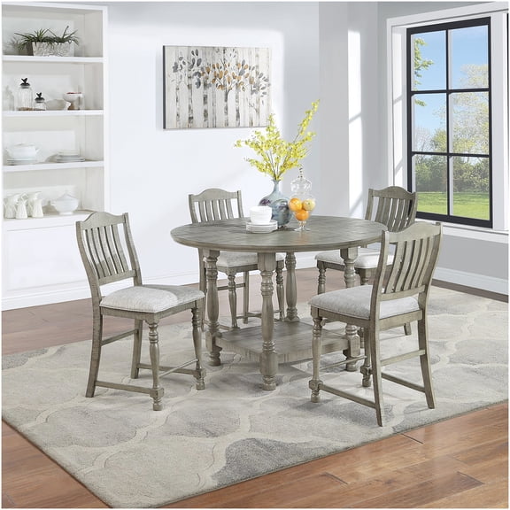 Counter Height Dining Table Set with 4 Upholstered Chairs, Light Grey Finish Modern Round Kitchen Furniture
