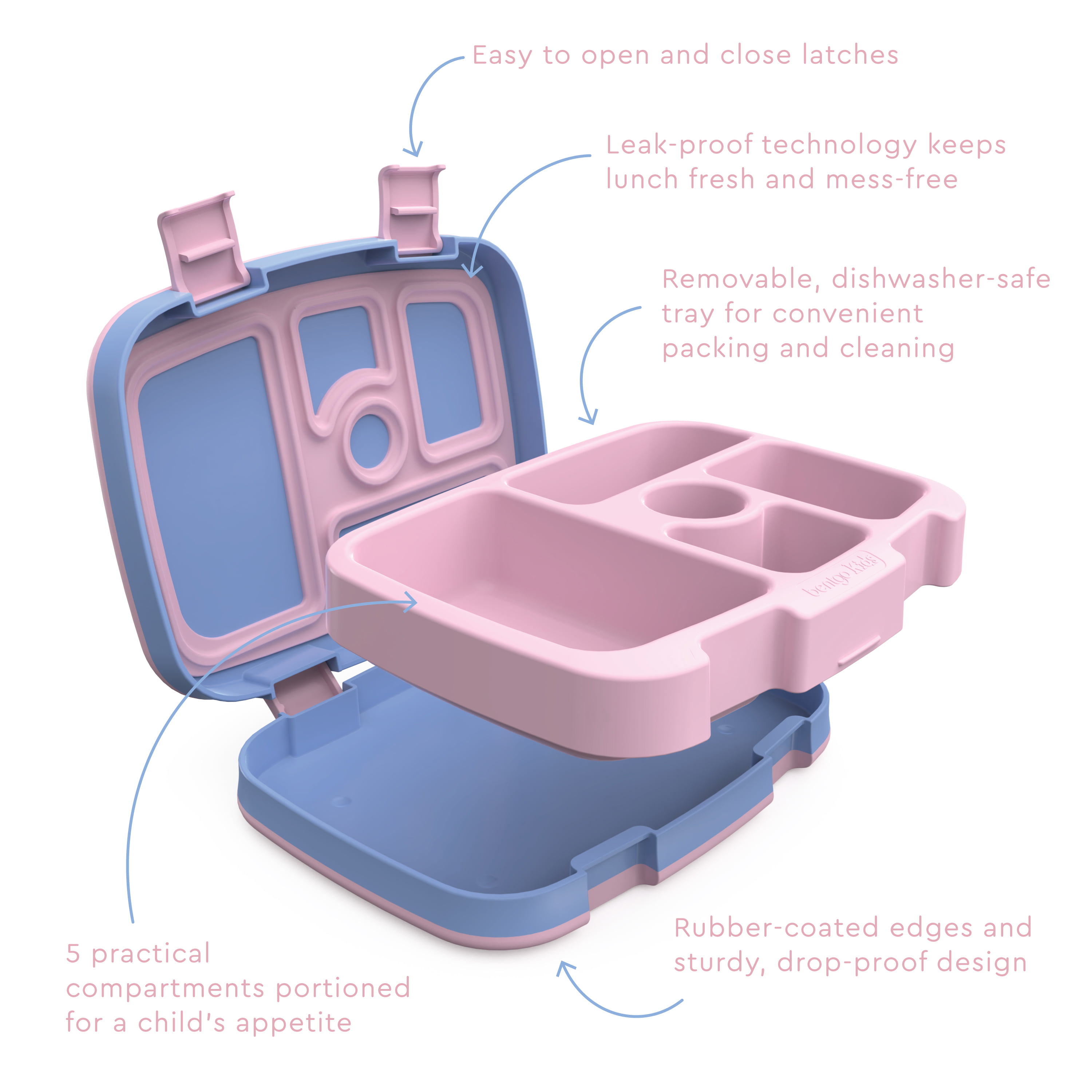 Bentgo Kids Prints Leak-Proof, 5-Compartment Bento-Style Kids Lunch Box -  Dishwasher Safe – Pink - Rainbows & Butterflies 