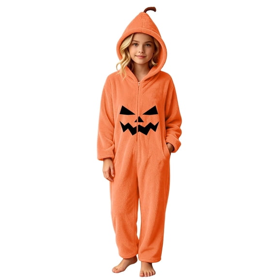 OGLCCG Unisex Kids Halloween Pumpkin One-Piece Hooded Jumpsuit,Boys Girls Long Sleeve Zipper Flannel Plush Onesie Hoodie,Size 14
