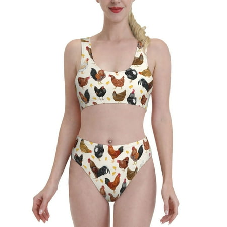 Bixox Roosters and Chickens Pattern Two-Piece Sports Bikini with U-Shaped Top and High-Waist Bottom - Women s Swimwear with Removable Bra Pads