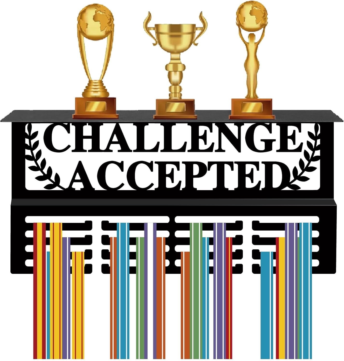 Track Field Medal Hanger Display Trophy Shelf Medal Holder with Shelf Stand Sports 4 Rows Metal Hanging Wall Mount Hold 70+ Medals for Running Competition Ribbon Medals Rack 15.7x7.9Inch Black