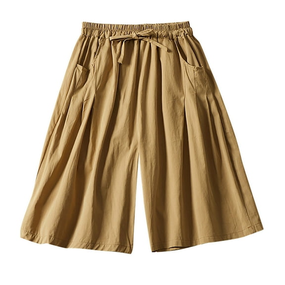 Ltctricy Bermuda Shorts for Women Cotton Elastic Waist Drawstring Wide Leg Pleated Knee Length Shorts Casual Loose Shorts