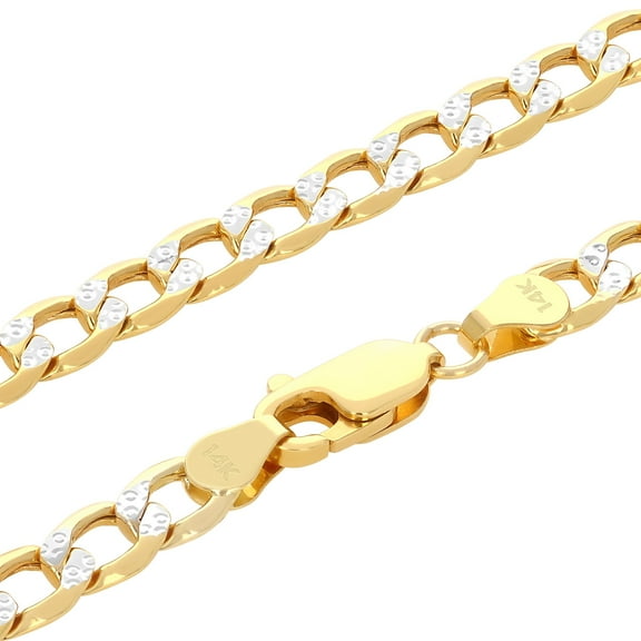 Nuragold 14k Real Yellow Gold Cuban Curb Link 5.5mm Diamond Cut Pave Chain Necklace (18"-26") Two Tone Italian Jewelry for Men