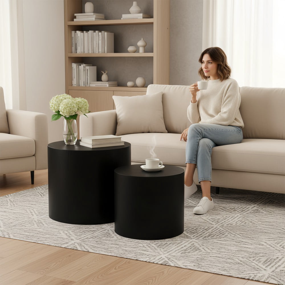 Nesting Coffee Table Set of 2, Modern Round Wood Side Tables with Non-Slip Feet, Small End Tables for Living Room, Bedroom, Office, Balcony, Small Spaces, Matte Black