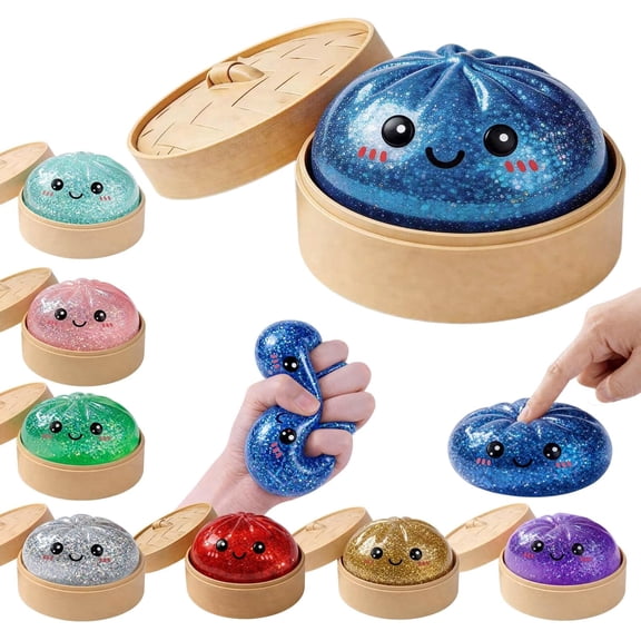 Glitter Dumpling Squishy with Steamer, Cute Steamed Bun Fidget Sensory Stress Relief Squeeze Toys