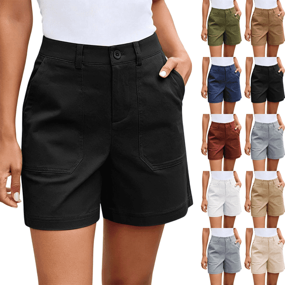 Womens High Waisted Straight Leg Shorts with Pockets Casual Twill Stretchy Loose Summer Travel Outdoor Hiking Shorts,Sizes S-2XL