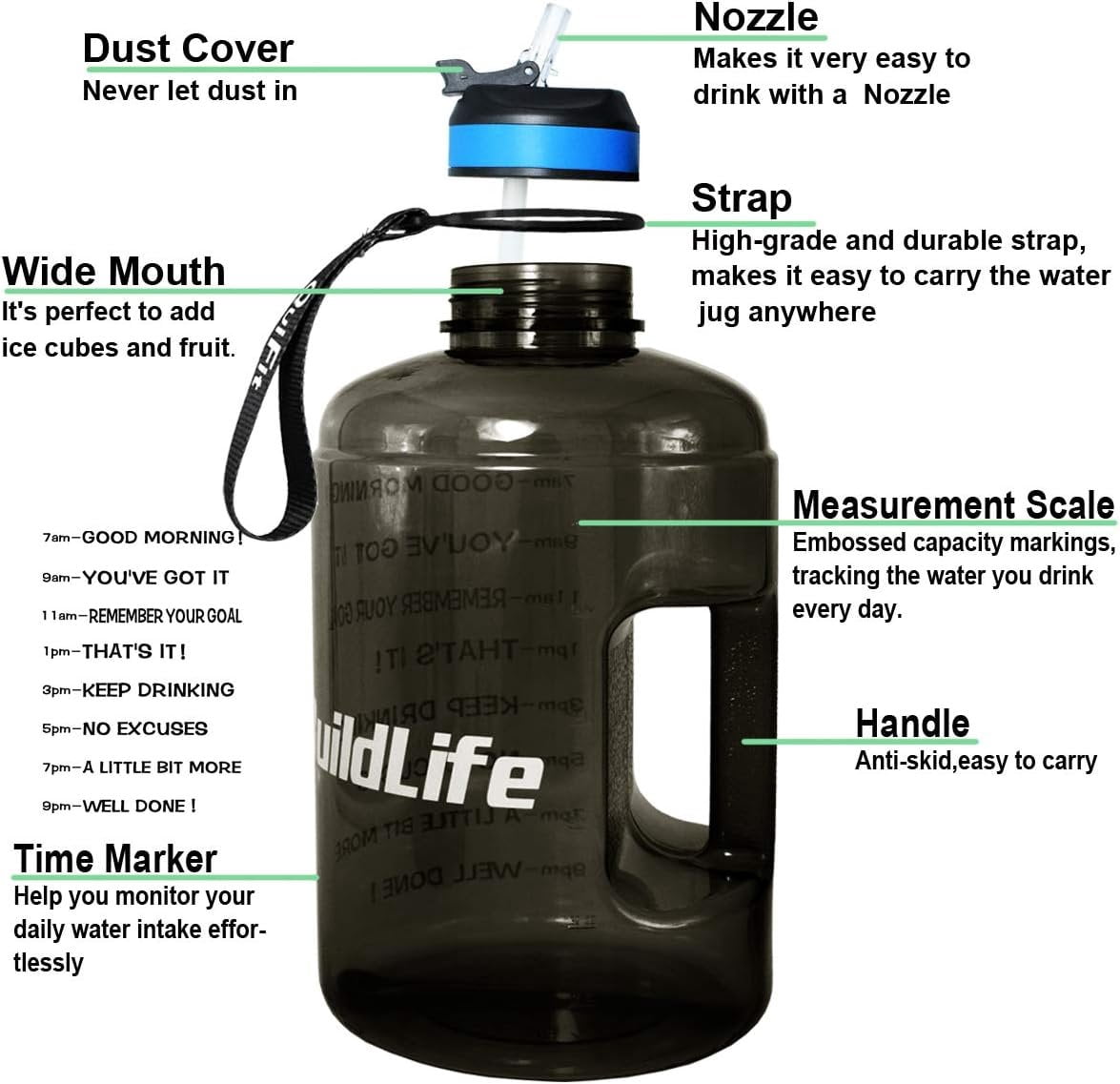 Motivational Gallon Water Bottle - with Straw & Time Marker  Large   Water Jug with Handle for Fitness Outdoor Enthusiasts Leak-Proof