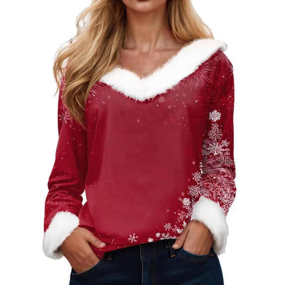 NMMUED Women's Christmas Shirts V Neck T Shirts for Women Womens Christmas Tops Long Sleeve Tunic Tops for Women's Christmas Shirts Womens Blouses Casual Christmas Outfits for Women Brick Red 2 L