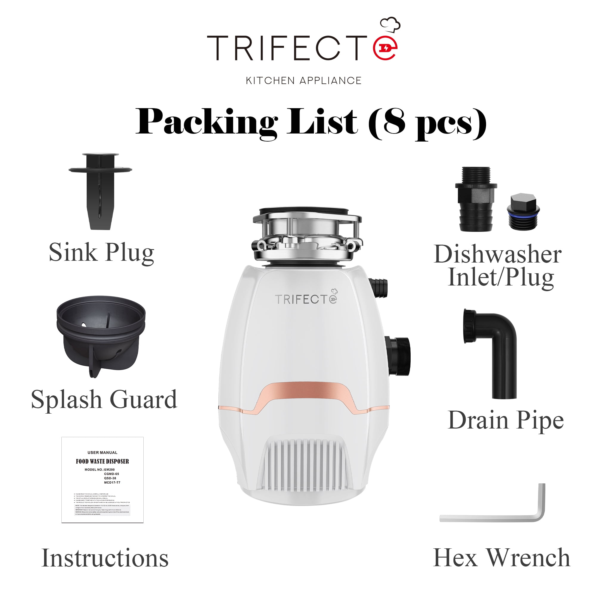 Trifecte 3/4PH Garbage Disposal, 3800RPM DC Motor Continuous Feed Food Waste Disposal with Power Cord