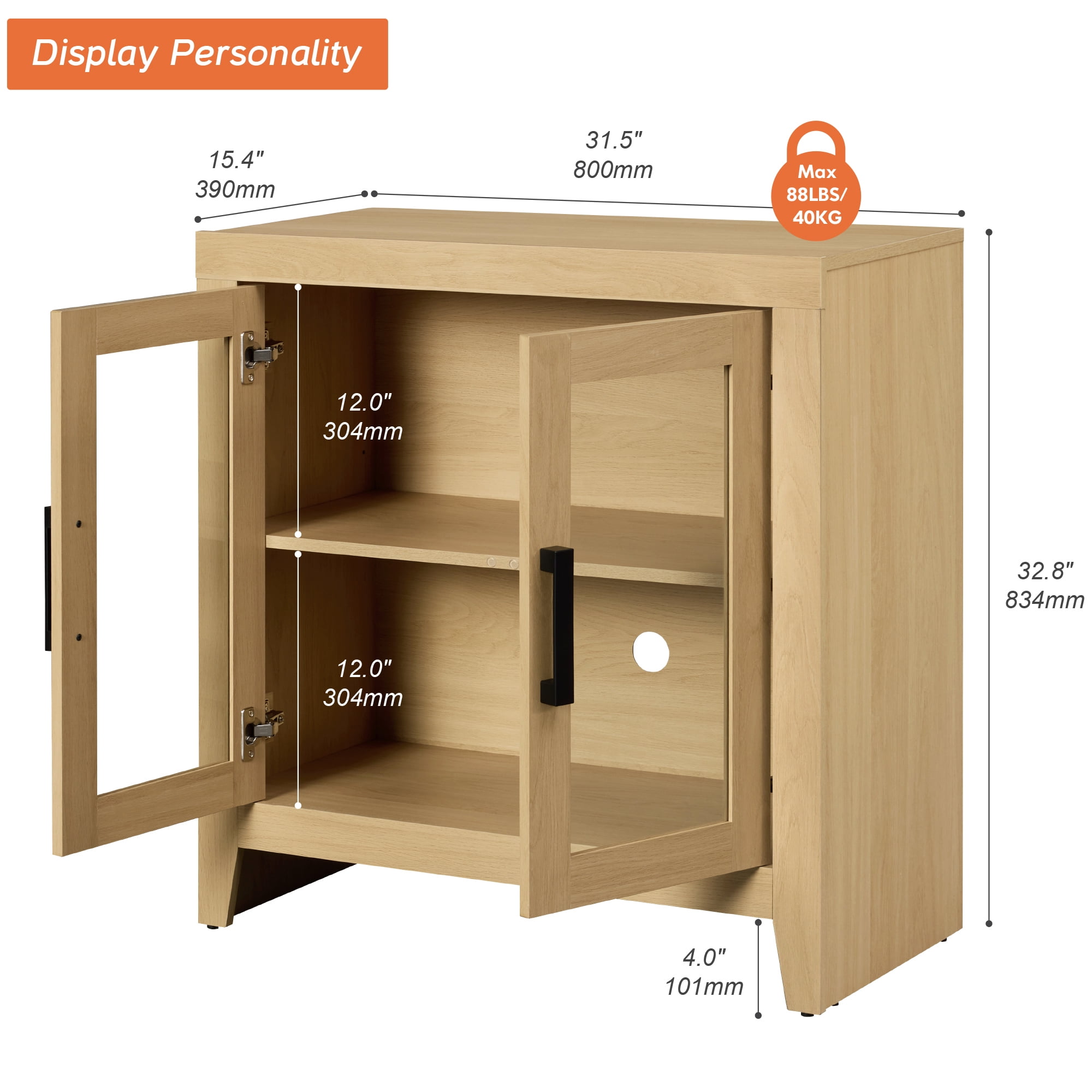 WAMPAT Modern Farmhouse TV Stand up to 40"TV, Entertainment Center with Tempered Glass Doors & Adjustable Shelves, Oak