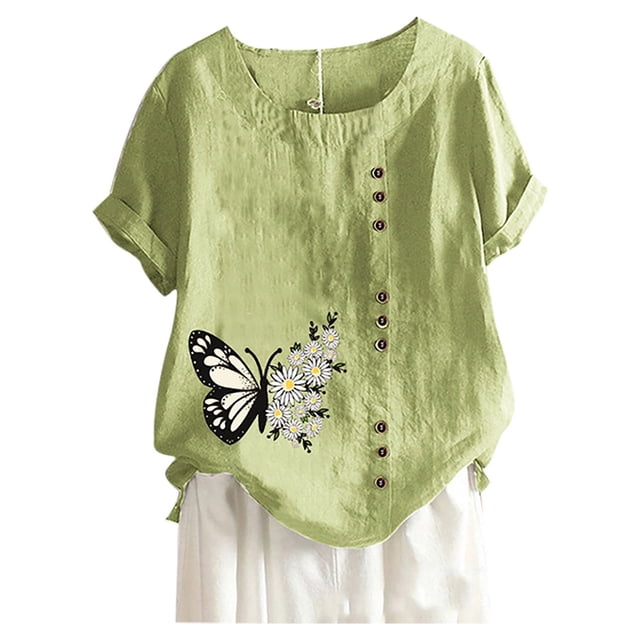 Birdeem T-Shirt Ample d'Été pour Femme à Col Rond, Manches Courtes, Imprimé Papillon, Haut Blouse