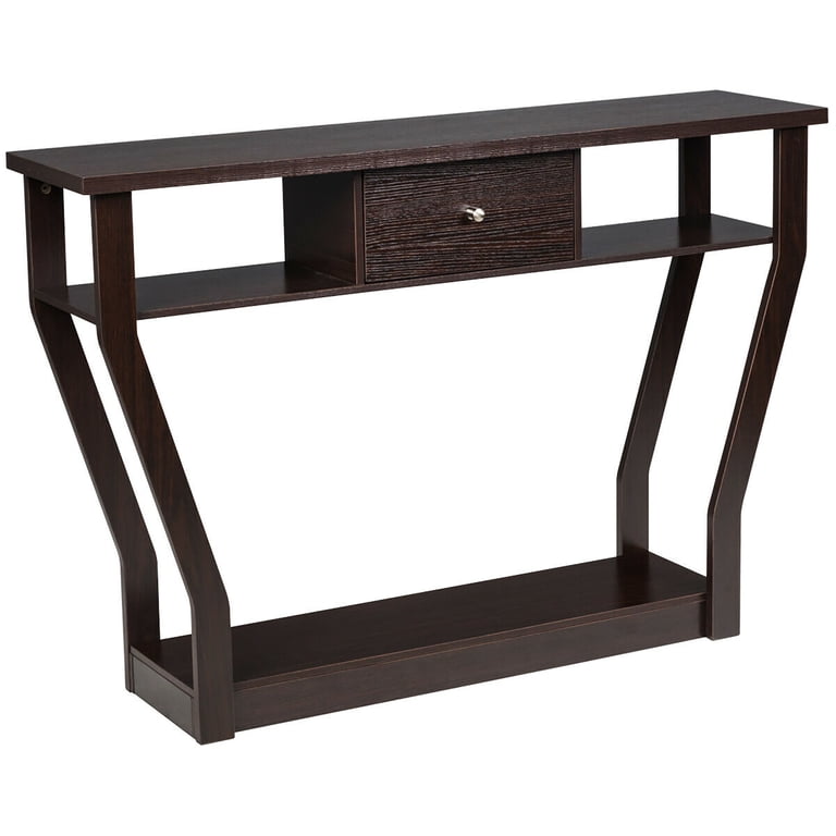 Costway Modern Console Table with Drawer and Shelves, Brown photo 1