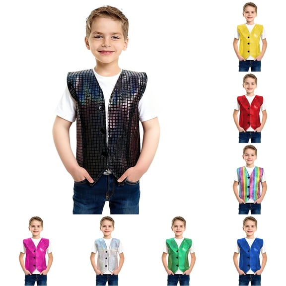Boys Carnival Vest with Square Patchwork Sequin Applique for Stage Performance and Party Wear