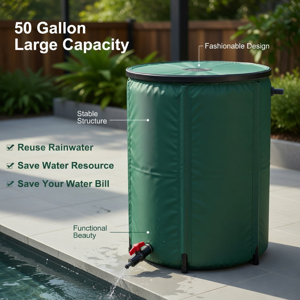 Topcobe 53 Gallon Portable Collapsible Rain Barrel Water Collector, Portable Rain Collection System