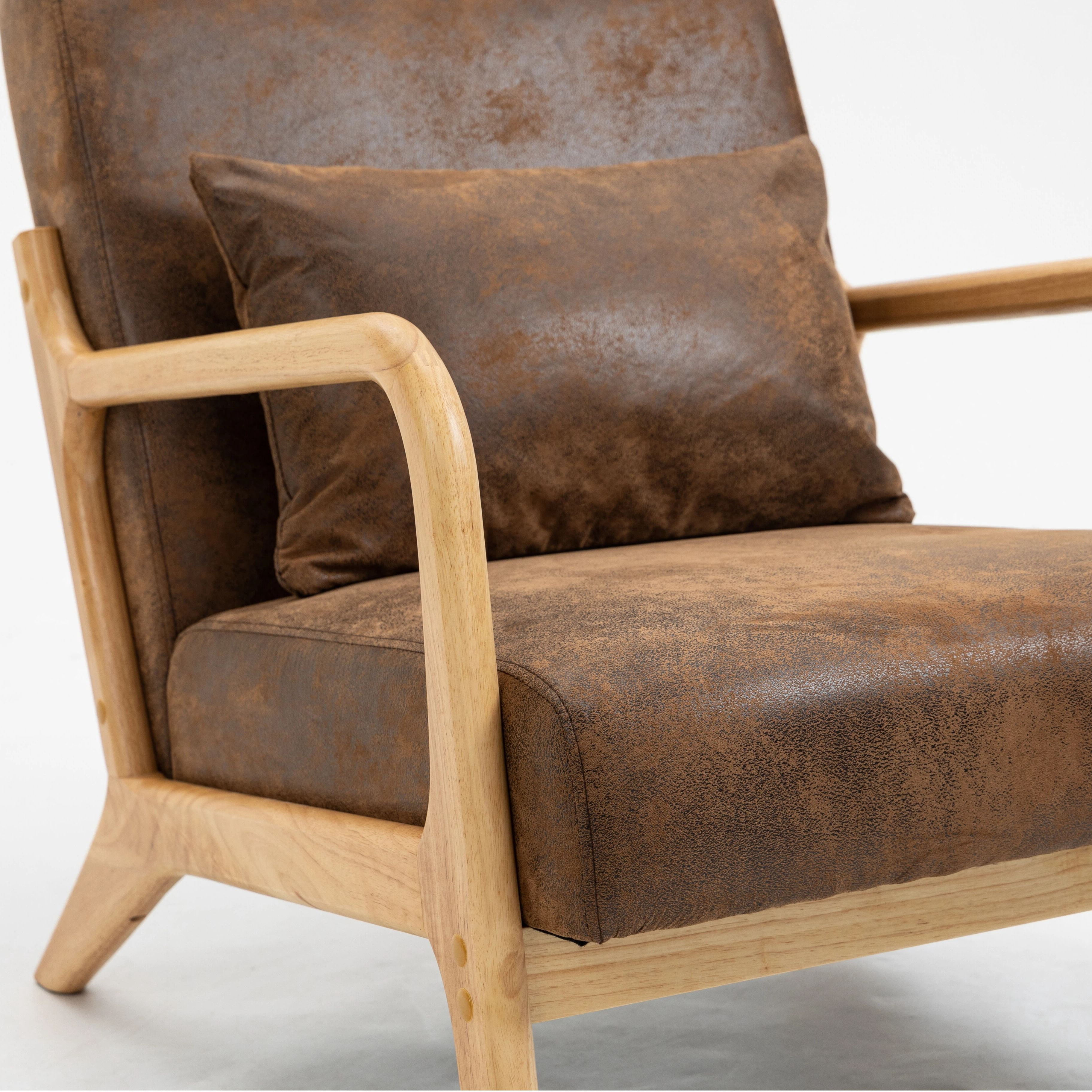 Euroco Mid-Century Modern Accent Chair, Upholstered Armchair with A Pillow and Wood Legs,Comfy Reading Chair for Living Room Bedroom Office,Antique Brown