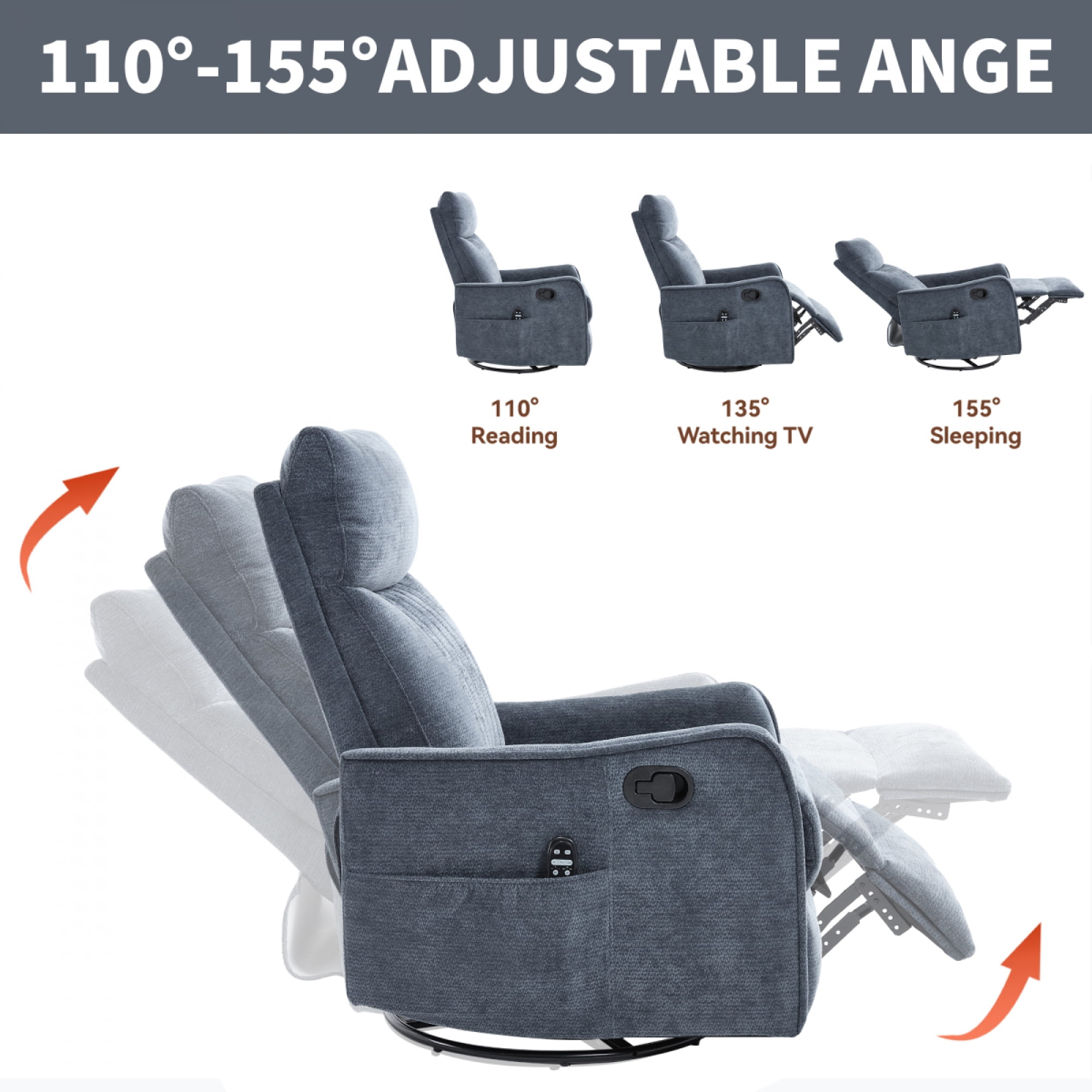 360 Swivel Rocking Recliner Chair for Adults, Nursery Rocking Chair with Heat and Massage, Glider Reclining Chair for Small Space, Living Room, Bedroom (Chenille, Blue)