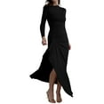 thumbnail image 2 of Women'S Solid Color Long Sleeve Crew Neck Ruched Waist Flowy A Line High Low Midi Irregular Split Dress Black S, 2 of 7