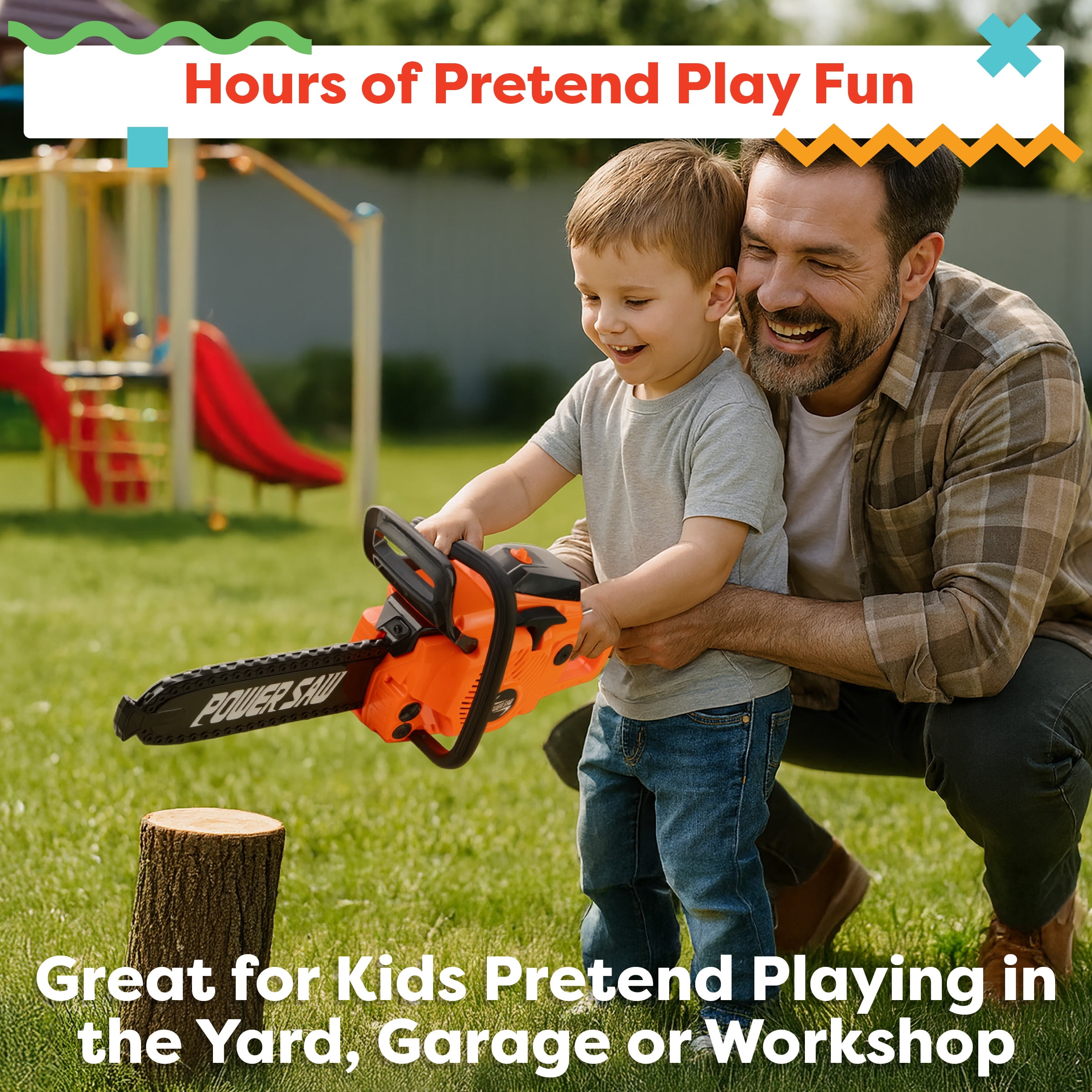 Hey! Play! Battery-Powered Toy Chainsaw with Pull Cord and Realistic Sounds – Pretend Play Toy for Kids