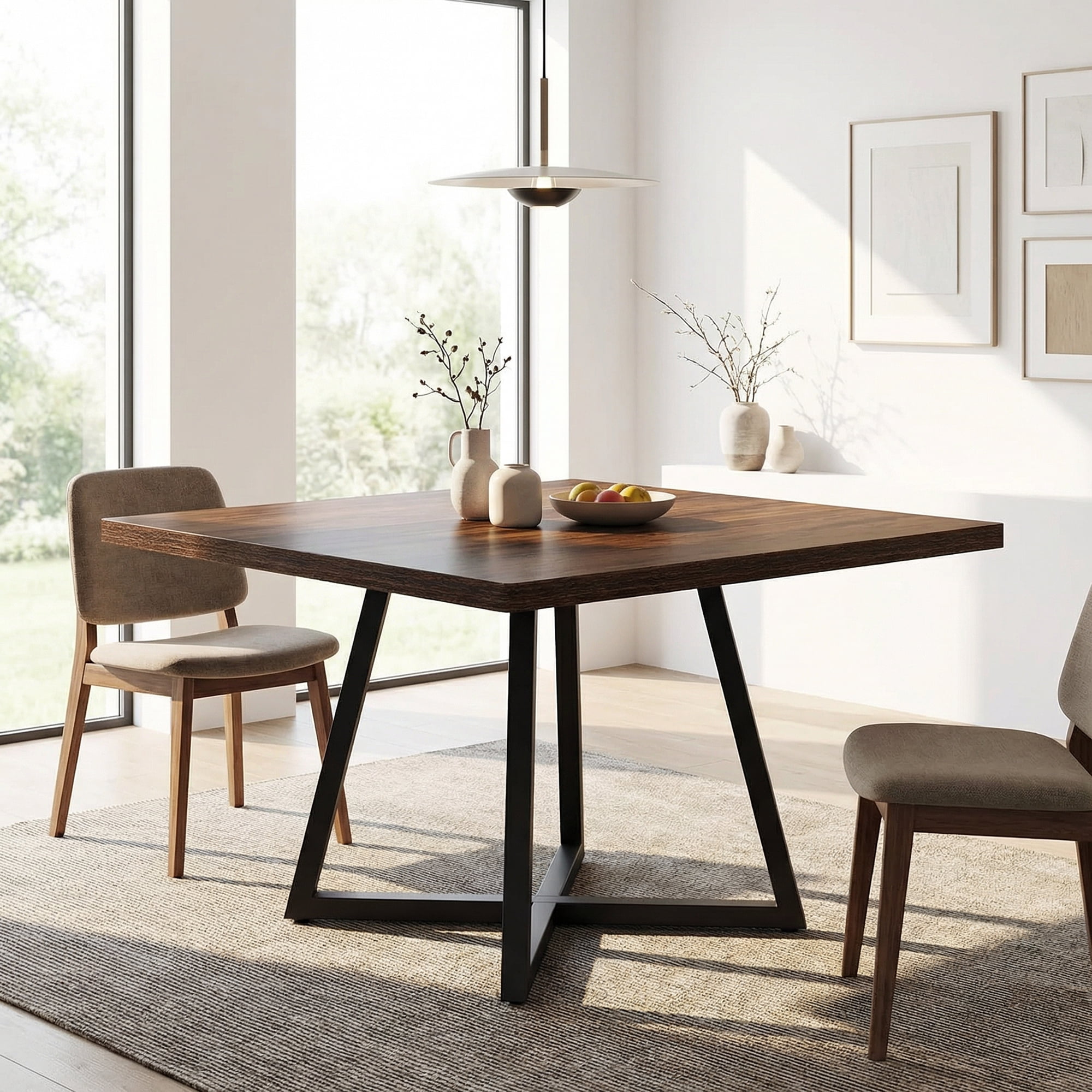 31.5 Inch Square Dining Table, Industrial Style Small Kitchen Table With Sturdy Metal Base, Space-Saving Dinner Table For 2-4 People, Brown Finish For Modern & Rustic Decor