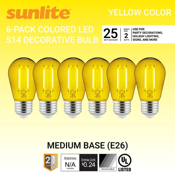 Sunlite LED S14 String Light Bulb, 2 Watts (25W Equivalent), Medium E26 Base, Party Decoration, Holiday Lighting, Transparent, Dimmable, UL Listed, Yellow, 6 Count