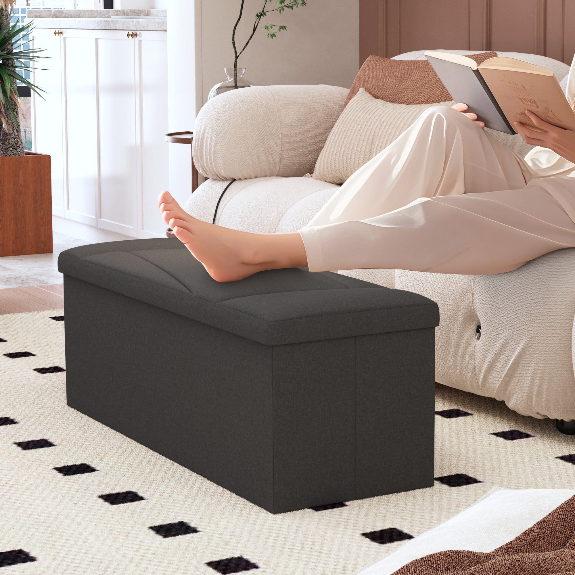 Ottoman with Storage, ZETDIY 43"  Linen Ottoman Storage Bench with 660lb Capacity, Black