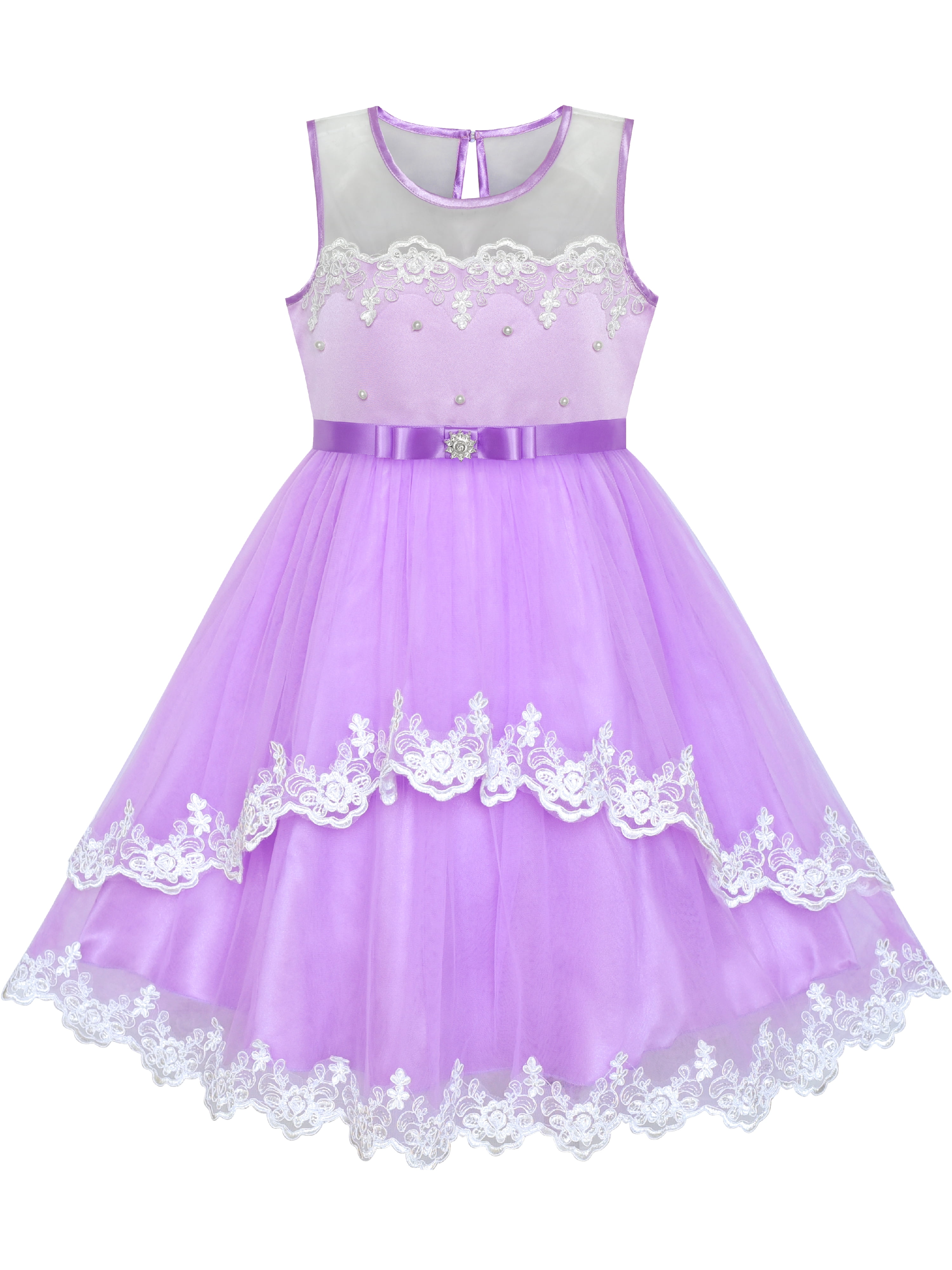 Flower Girls Dress Purple Lace Belted Wedding Party 12 Years