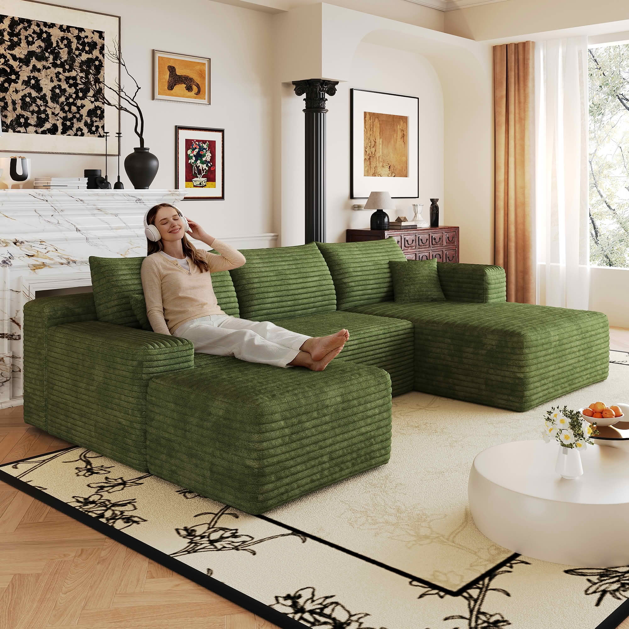 MAYEERTY 103 Inch Cloud L Shaped Sectional Sofa, Plush Corduroy Deep Seat Corner Couch, No Assembly Modern Minimalist Sofa for Living Room Apartment