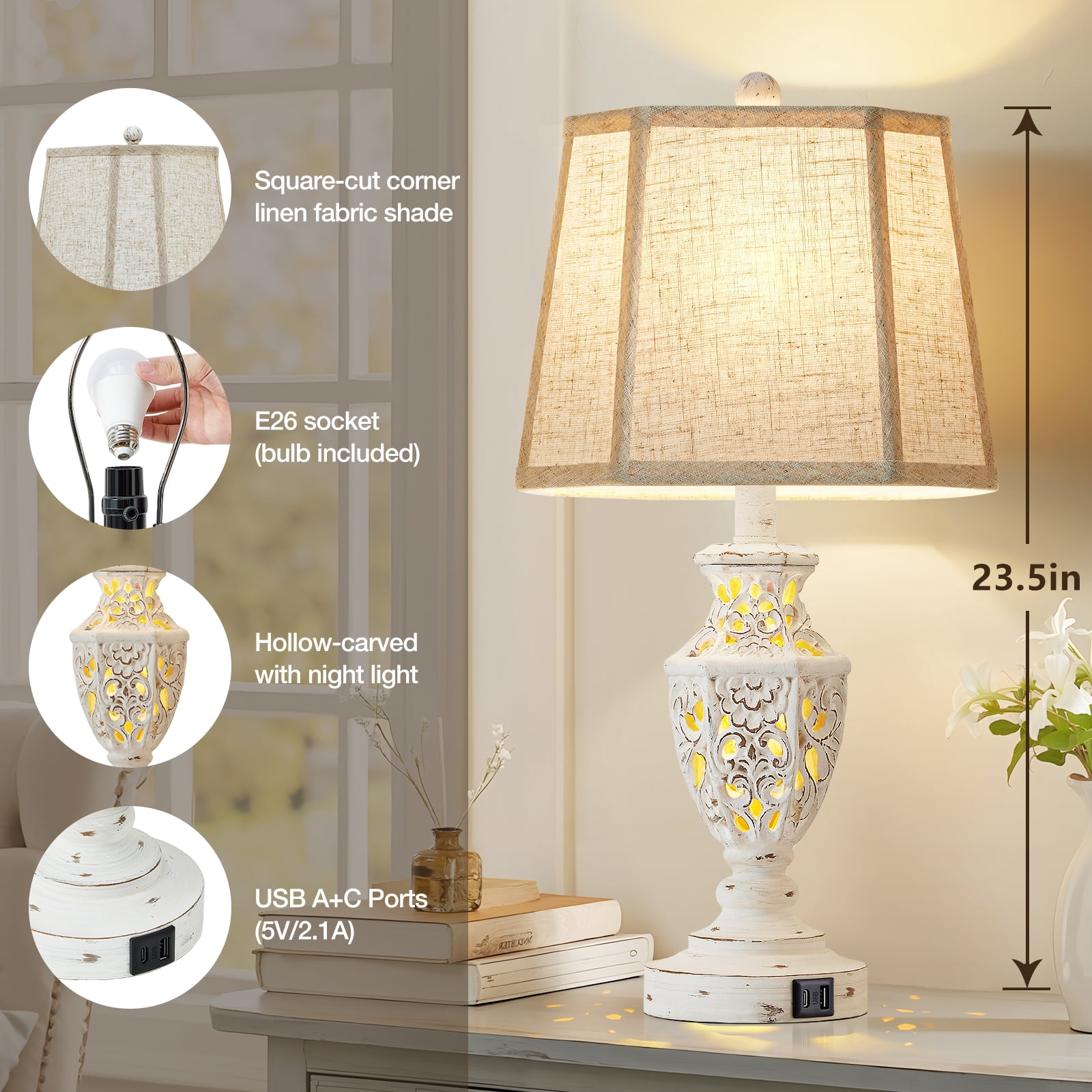 NATYSWAN Table Lamps Set of 2, 23.5"Bedside Lamp with USB A+C and Nightlight, Cream Modern Resin End Lamps for Bedroom Living Room
