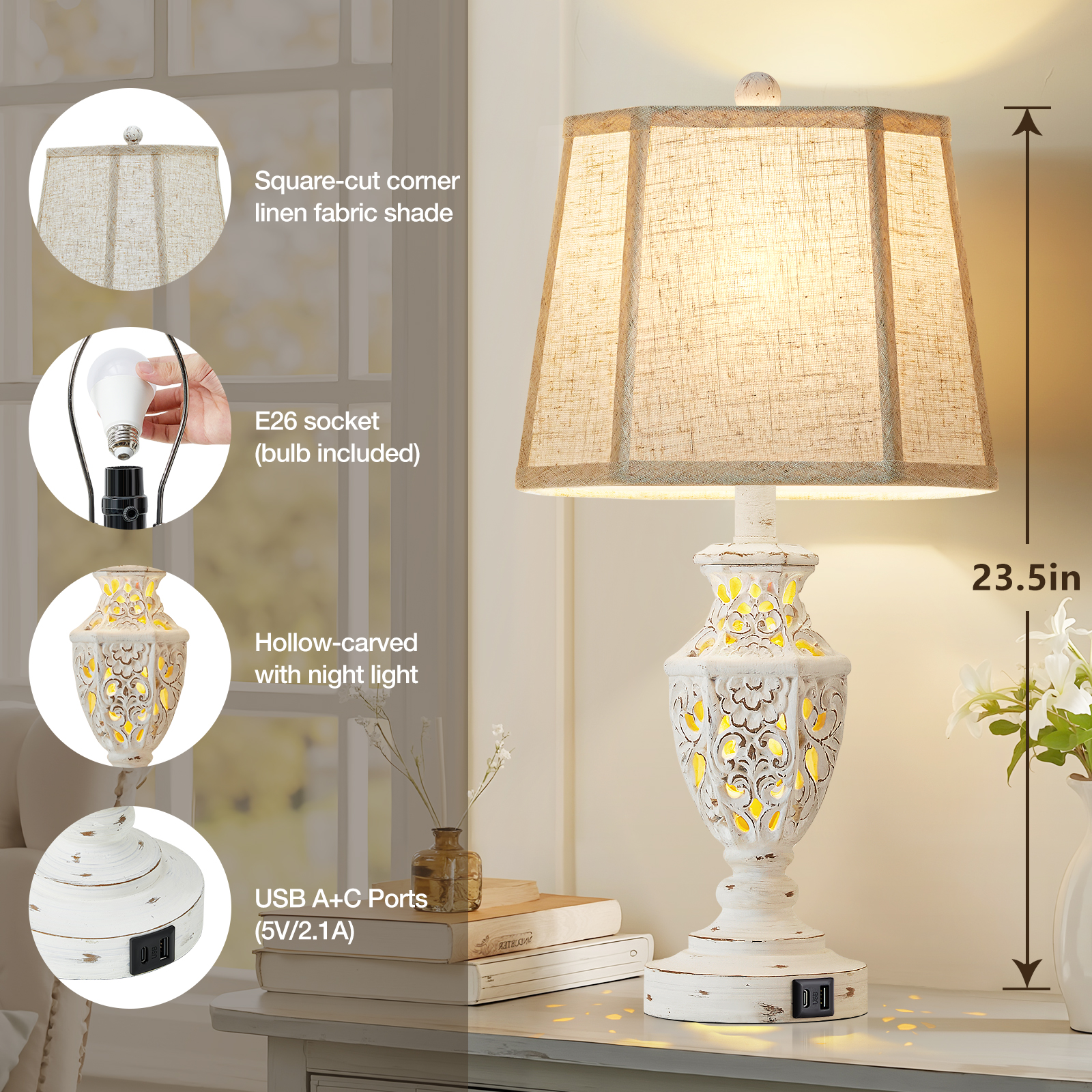 NATYSWAN Bedside Table Lamps with USB Ports, Set of 2, Cream photo 2