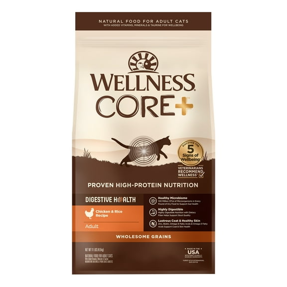 Wellness CORE  Adult Dry Cat Food for Indoor and Outdoor Cats, Wholesome Grains, Natural, Digestive Health Chicken & Rice (11 Pound Bag)