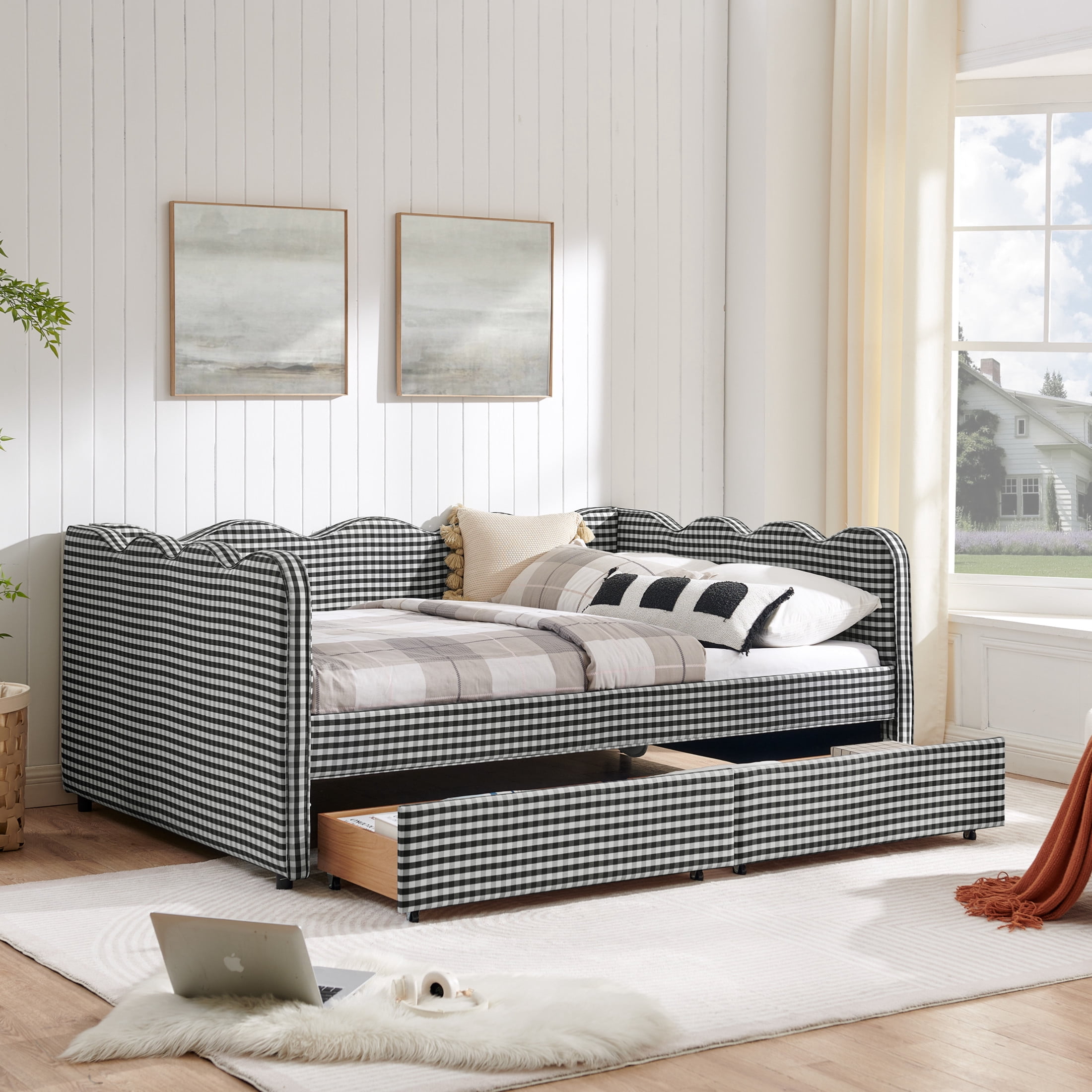 Noble House Corlan Full Size Waved Daybed, Cozy Gingham Linen Sofa Bed with Storage Drawers and Charging Port, Black