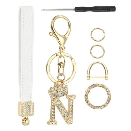Leather Wristlet Keychain, Crown Design Letter N Keychains with Key Ring and D Ring Car Keys Keychain Decorative Alphabet Key Chain for Bag Backpack DIY, Gold Tone