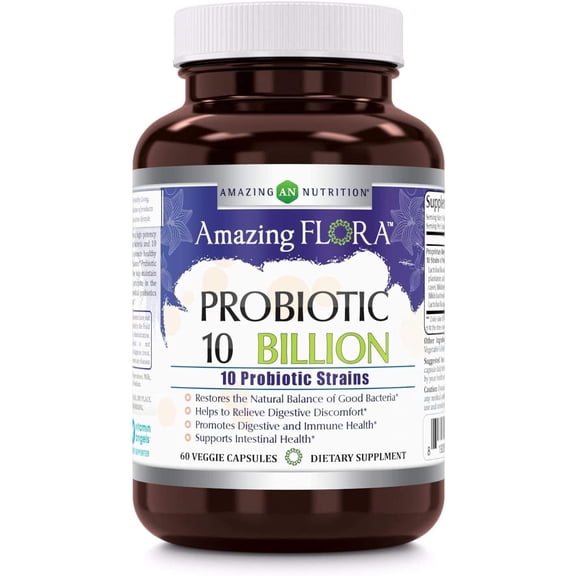 Amazing Flora Probiotic 10 Strains 10 Billions 60 Veggie Capsules Supplement | Supports Better Digestive & Gut Health | Non-GMO | Gluten-Free | Made in USA