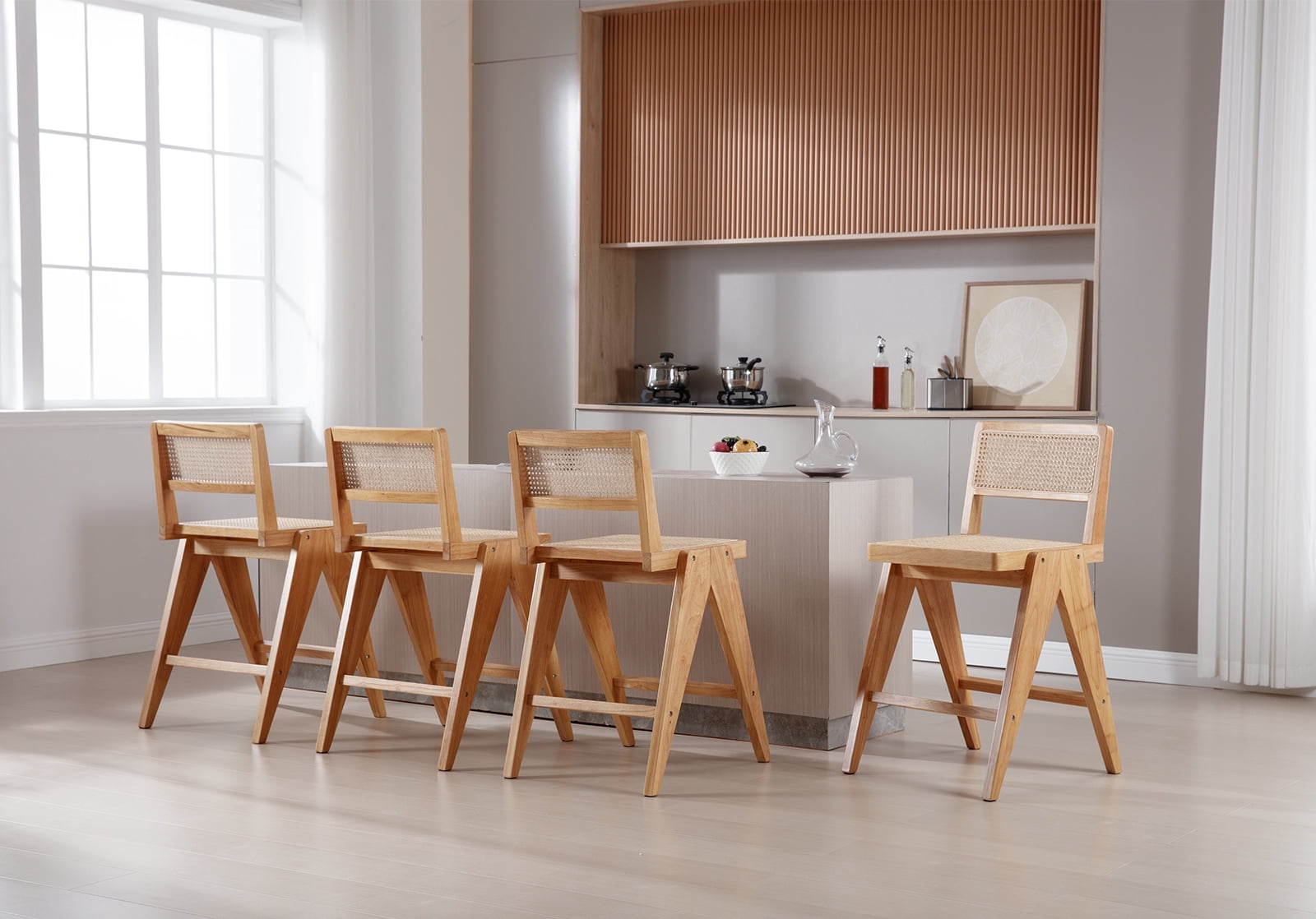 Dayalane 26" Rattan Counter Height Bar Stools Set of 2, French Bar Stools with Cane Back, Wooden Farmhouse Kitchen Chairs Counter Stools with Footrest for Kitchen Island Bistro Bar, Natural