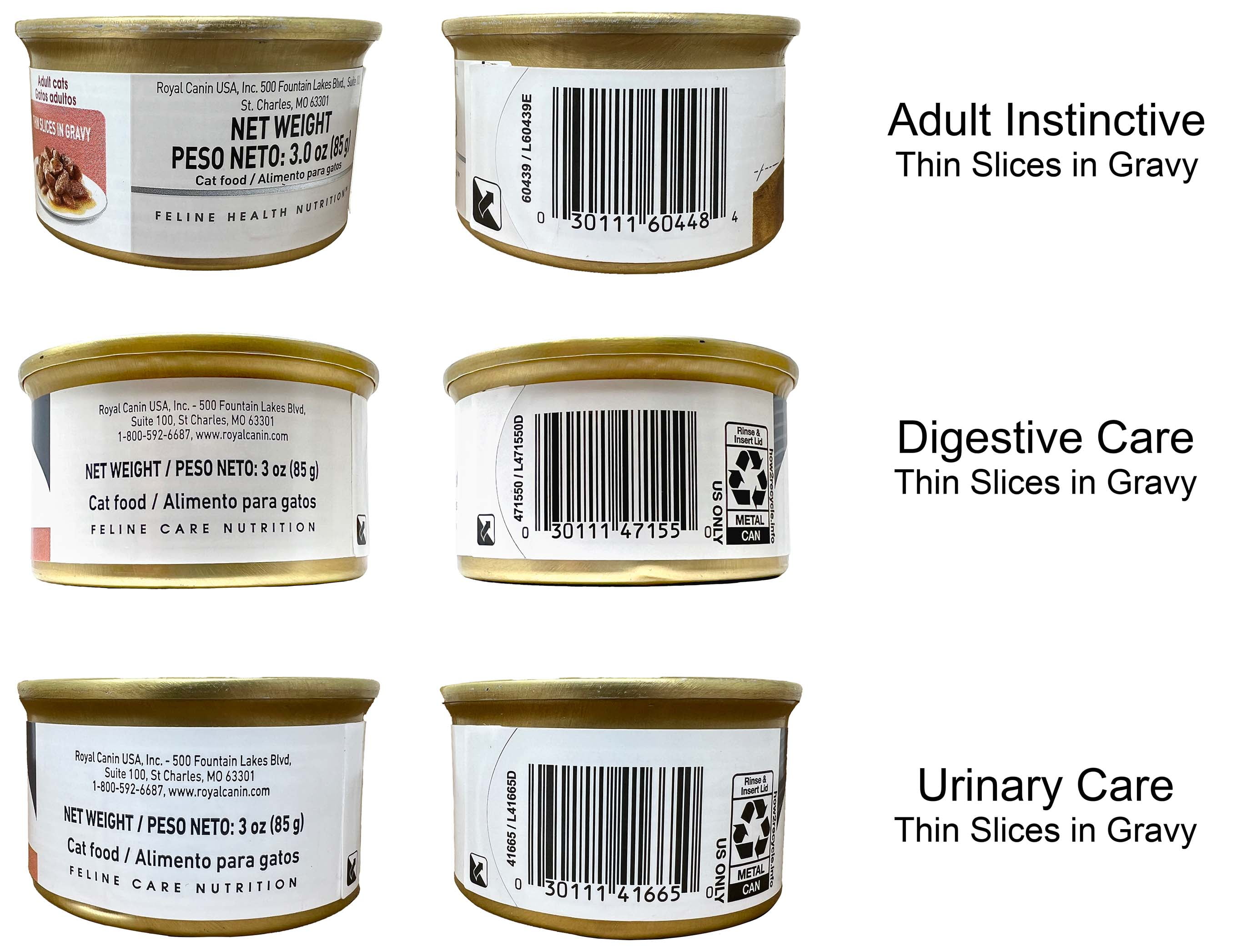 Cat Food Slices in Gravy - 3 Flavor 6 Can Sampler, (2) Each: Urinary Care, Adult Instinctive, Digest Sensitive (3 Ounces) MerlinsMart Zine + Catnip Toy | Royal Canin