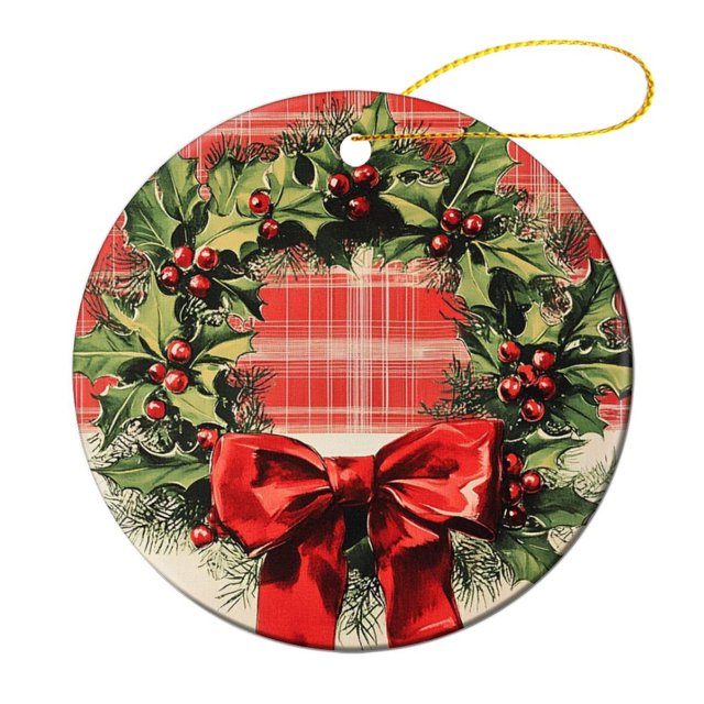 Christmas Ceramic Ornament Berry Wreath Christmas Decoration Keepsake Ornament Vintage Christmas Wreath with Holly Berries And Bow Print Christmas Tree Decorations Housewarming Gift