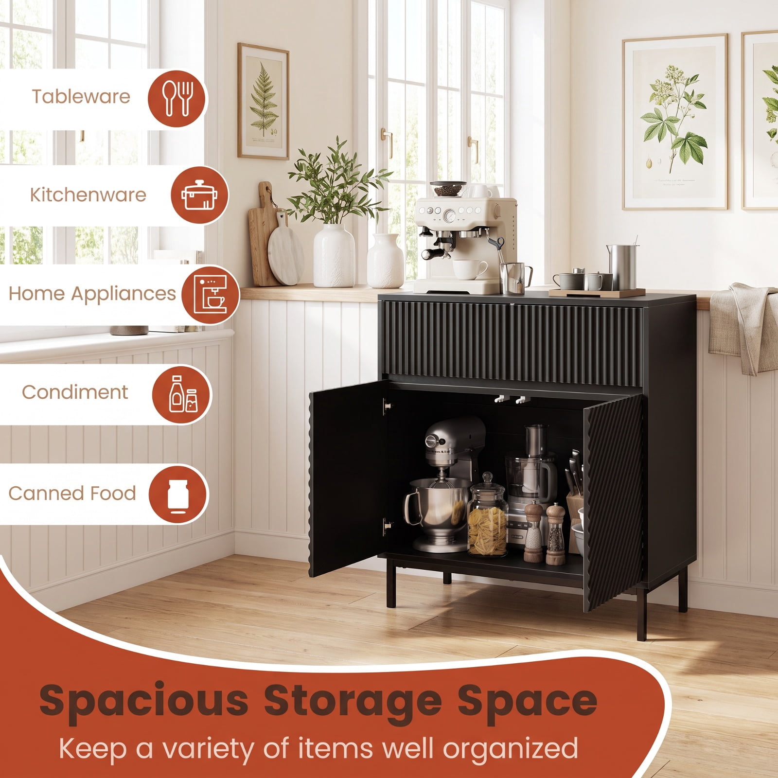 Furnibear 32" Wide Buffet Cabinet with 2 Doors and 1 Drawer for Kitchen for Kitchen Dining Living Room Buffet Storage Server, Black