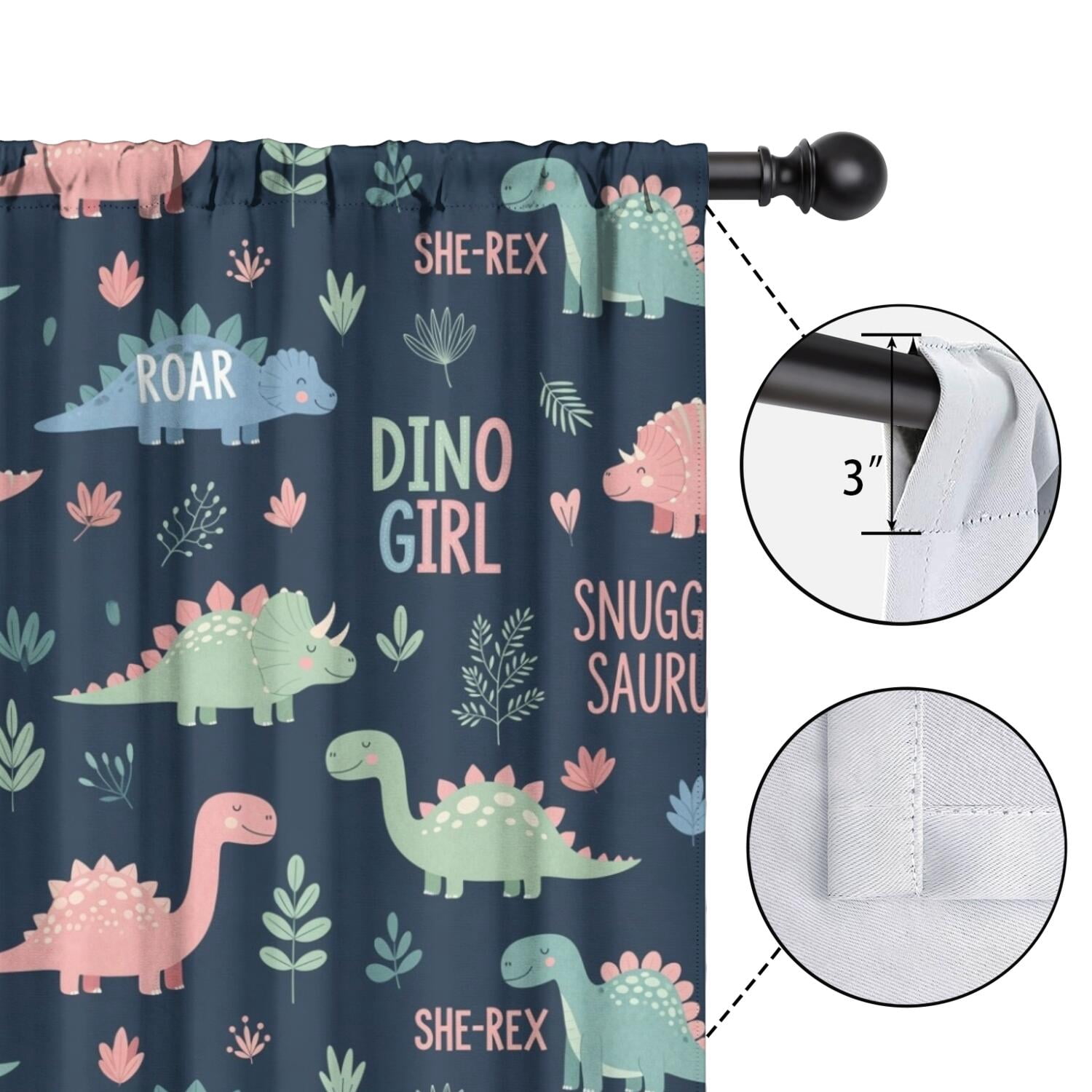 Blackout Kids Curtains,Dark Blue Girl Themed Dinosaurs Pattern Childrens Insulated Curtains Set Of 2,Bedroom Essentials,Toddler Room Decor 52"x63"