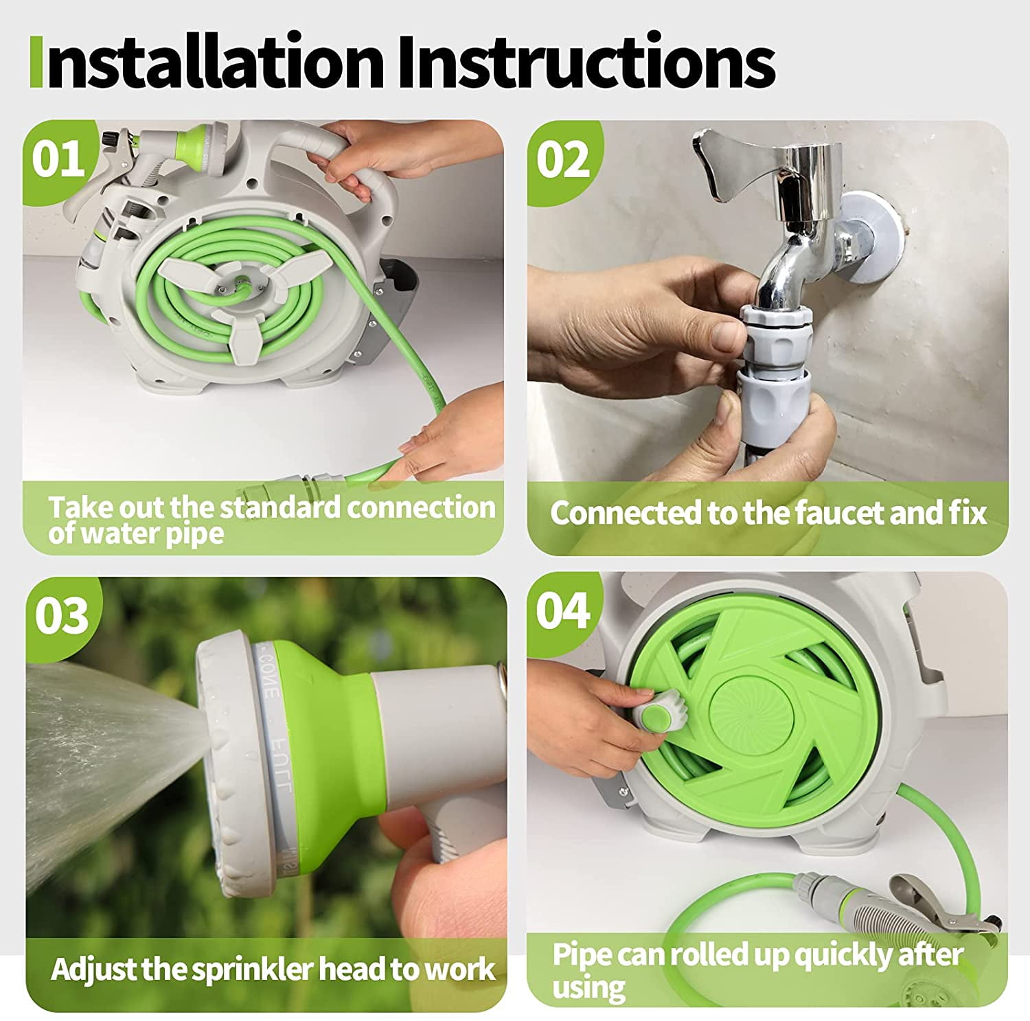 Nib Garden Retractable Hose Reel, Portable Simple Home Hose Reel 45+5 FT with 7 Patterns Spray Nozzle, Wall Mounted and Any Length Lock for Garden Watering, Car Washing, Pet (Green)