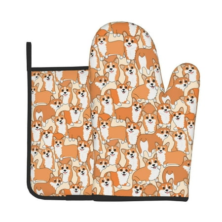 

Junzan Corgi Animal Pattern Oven Mitts and Pot Holders 2 pcs Set Potholders BBQ Gloves Long Kitchen Oven Glove for Cooking Baking Grilling (2-Piece Set 11 Inch)